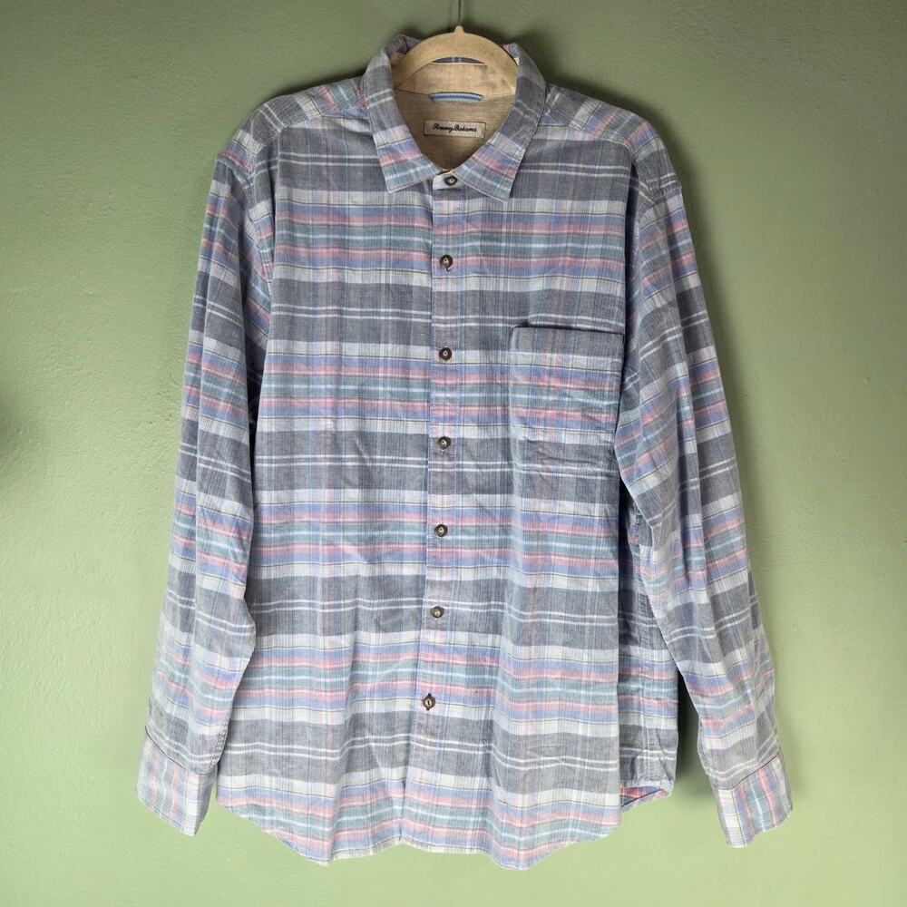 Tommy Bahama Mens Blue Muted Plaid Becket Bay Cord Button Up Shirt XL Beach